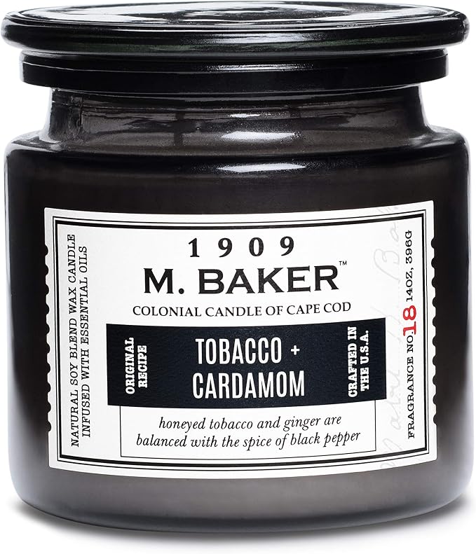 Colonial Candle Tobacco Cardamom Scented Jar Candle | 2-Wick Natural Soy Blend Wax Candle for Home | Relaxing Aromatherapy Candle Infused with Essential Oils | M. Baker Apothecary Glass Jar Candle
