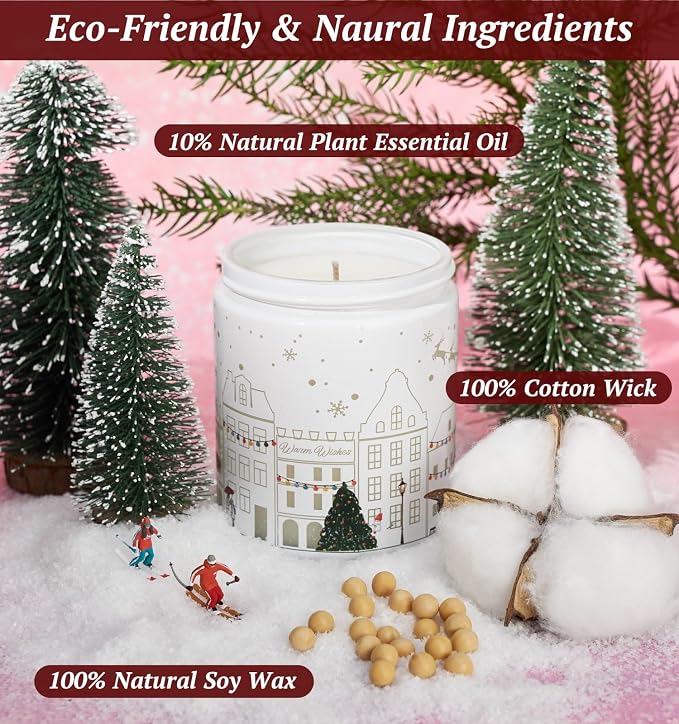 Merry Christmas Candles with Warmer LED, Christmas Decor Gifts Winter Candle with Pine Wood Spice Scents, Cypress Candle Over 40 Hours Burn Time, Home Decorations Indoor, 100% Soy Wax,White
