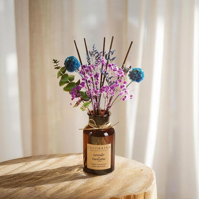 Cocorrína Reed Diffuser Set, 6.7oz Flower Reed Diffuser with Real Preserved Flowers - Lavender & Eucalyptus Scented Oil & Sticks - Long Lasting Home Fragrance for Bedroom Bathroom Shelf Decor