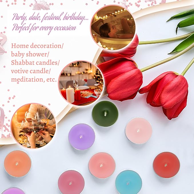 Floral Scented Tealight Candles, Lavender Rose Gardenia Scent Tea Lights Candles Clear Cup, 24 Pack Colored Tealights Candle, 6 Hour Burn Time Tea Candles for Party, Decor, Spa, Shabbat
