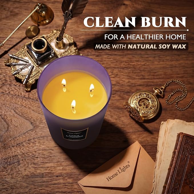 HomeLights Scented Candles - Large Jar Aromatherapy, Natural Soy Wax, 130 Hour Long Burning, Citrus & Lavender