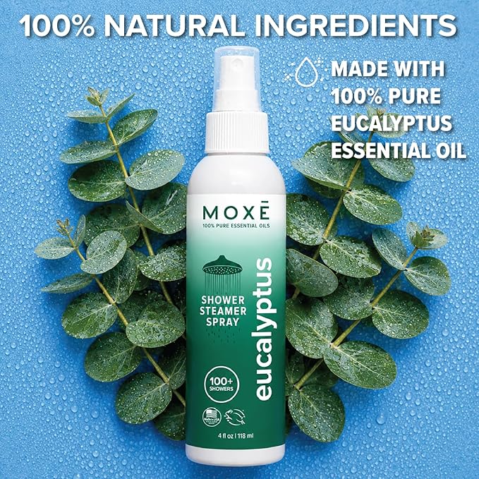 MOXĒ Eucalyptus Oil Shower Mist, Spa Steam Spray, Certified Natural 100% Essential Oils, Made in USA, Aromatherapy, Sinus Congestion Relief, Tension Relief, 4 Ounces