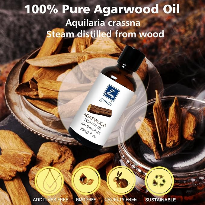 GM Gumili Agarwood Essential Oil, Pure Argawood Oud Oil for Aromatherapy, Meditation - 30ml/ 1 oz