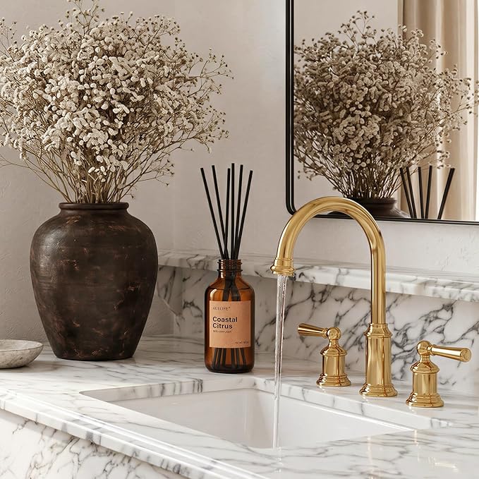 Auelife Reed Diffuser Set, Coastal Citrus 2 Pack 8 Fl Oz Scented Diffuser with Fiber Sticks, Home Fragrance Reed Diffuser for Bathroom Shelf Decor, Bedroom, Office & Housewarming Gift