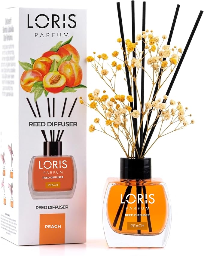 Loris Peach Reed Diffuser Set with Dried Flowers | Reed Diffusers for Home with Sticks | Bathroom Diffuser & Room Scent | Long-Lasting Home Fragrance | 120 mL / 4.06 fl oz