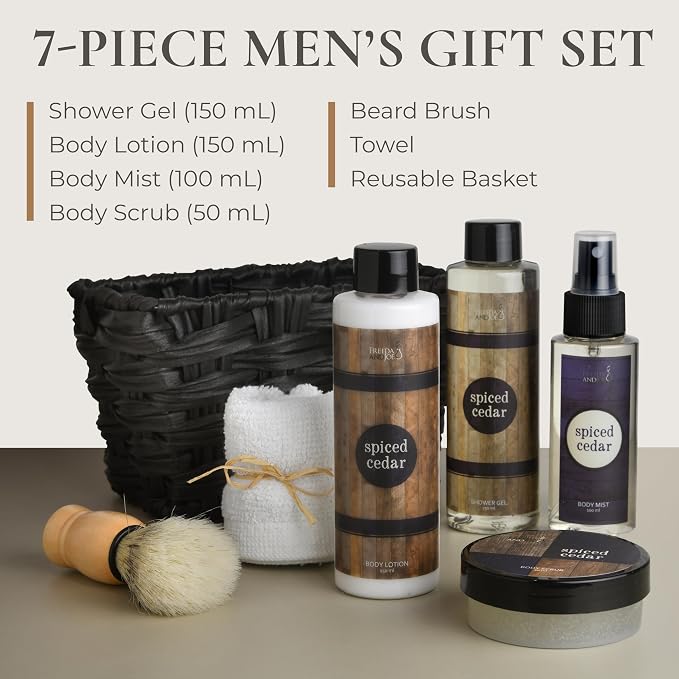 Freida & Joe Spiced Cedar Men's Spa Gift Basket- Self Care Gifts for Him | Shower Gel, Body Lotion, Body Mist, Body Scrub, Beard Brush & Towel