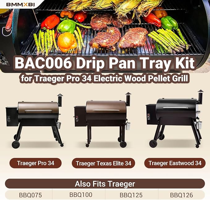 Stainless Steel Drip Pan and 6-Pack Grease Drip Tray Liners Kit for Traeger Pro 34 Series Pellet Grills, BAC410 Drip Tray Liners Drip Pan Replacement for Traeger BAC006, BBQ075, BBQ100, BBQ125