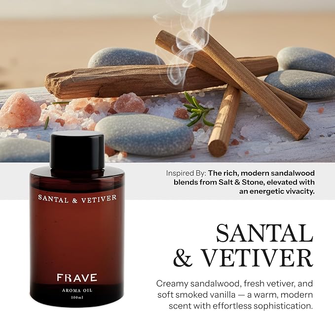Santal & Vetiver Aroma Oil Refill Scent for Oil Diffusers, 100ml, 3.38 oz, Inspired by Modern Sandalwood Elegance, Luxurious Relaxing Aromatherapy Home Fragrance for Waterless Cold Air Diffusers