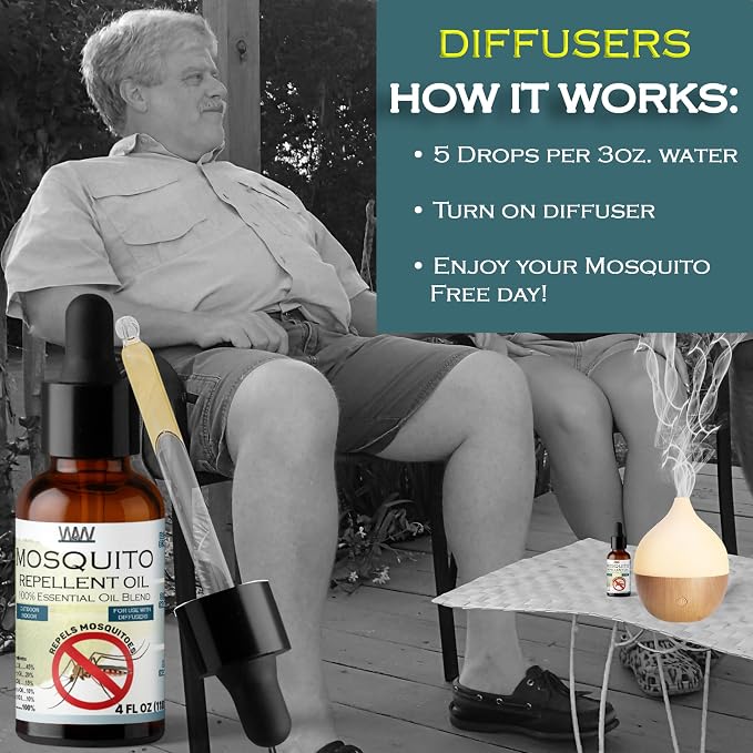 W4W Mosquito Oil - 100% Essential Oil Blend - 4 Oz - Mosquitoes, Gnats & Other Flying Insects - for use with Diffusers, Sprays, Lotions, & Soaps - 4 Ounce Dropper Bottle