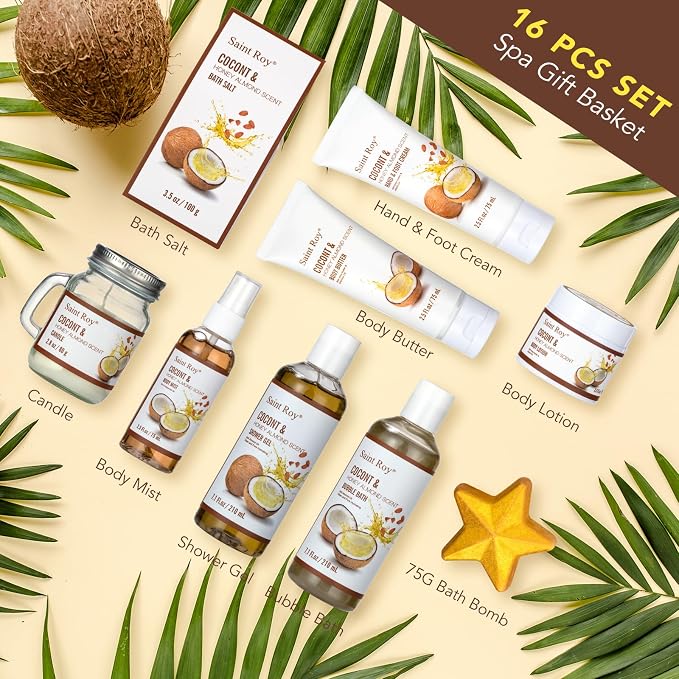 26Pc Bath and Body Gift Basket Set, Coconut Honey Almond Self Care Kit | Spa Gift Basket, Bath Gift Set Skin Care Gift for Fathers Day, Birthday, Christmas, Mother, Bridal Shower, Anniversary