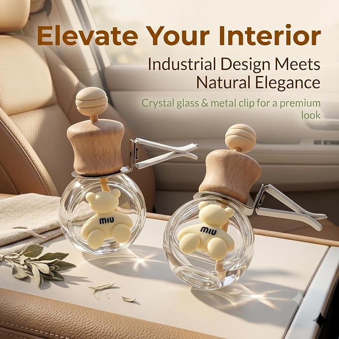 2 Pack Bear Car Vent Clip Diffuser Refillable Glass Bottle | Wood cap glass bottle with dropper, DIY essential oil freshener for car wardrobe bathroom home