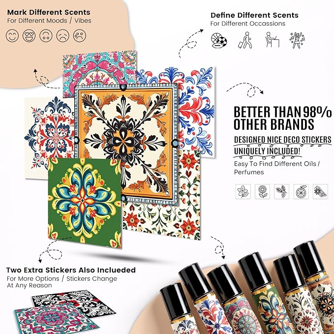 Roller Bottles for Essential Oils Roll On Bottles 6 Pack, 10ml Amber Rollerball Bottle Thick Glass Empty with Oil Perfume Lip Gloss DIY Kits Boho Stickers Leak-Proof Refillable for Travel, Gift