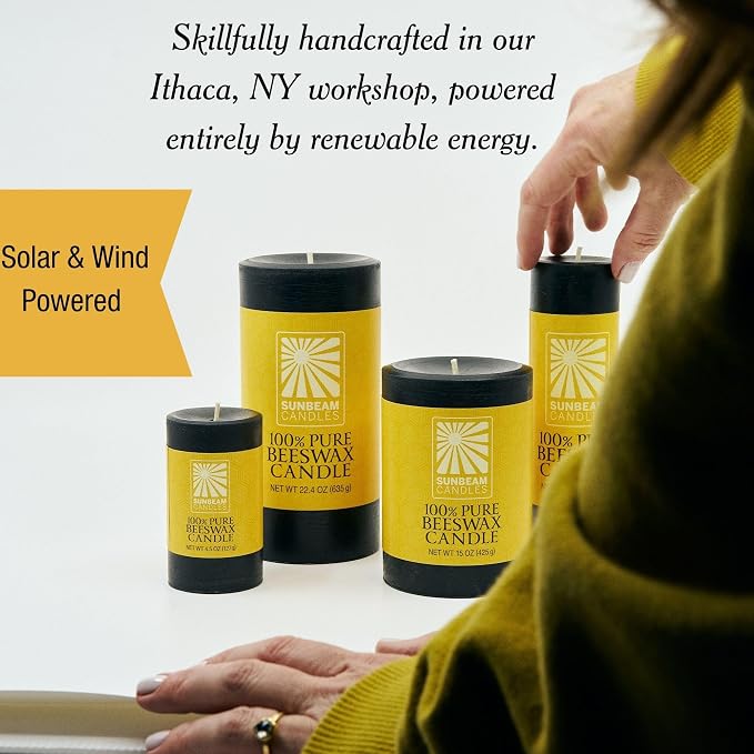 Sunbeam Candles 100% Pure Beeswax Pillar Candles | Long Burning All Natural Non-Toxic Beeswax Candles | Made in USA (Smooth, Midnight Black, 3"x6.25")