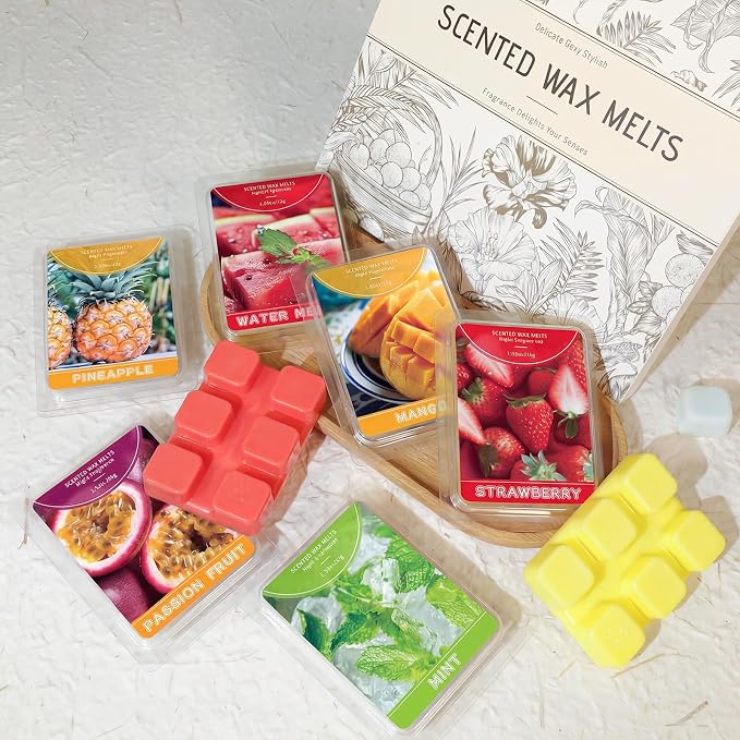 STRN Wax Melts, Soy Wax Cubes 6 Scents Mint, Watermelon, Mango, Passion Fruit, Pineapple & Strawberry, Summer Fruit Scented Long-Lasting Home Fragrance for Wax Warmers, Yoga, 1.25 OZ * 6 Packs