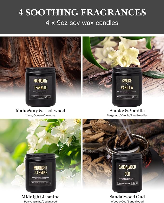 Wood Wick Scented Candles 4 Pack Candles for Home Scented 200 Hour Burn | Scented Candles Gift Set, Mahogany/Smoked Vanilla/Midnight Jasmine/Sandalwood Scented Candles, Men Women Birthday Gifts