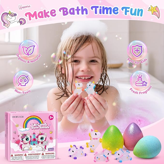Unicorn Bath Bombs with Surprise Toys Inside, Gifts for Kids Girls | Natural Organic Gentle Bubble Bath, Birthday & Christmas Gift for Girls, Daughter, Granddaughter, Suitable for Kids Over 3+