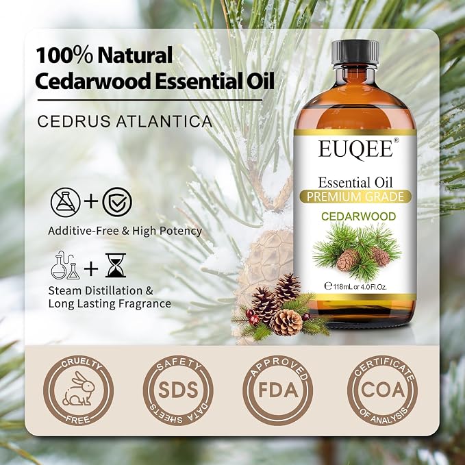 EUQEE Cedarwood Essential Oil 118mL Pure Cedarwood Oil Premium Essential Oil for Diffuser, Humidifier - with Glass Dropper (4fl.oz)