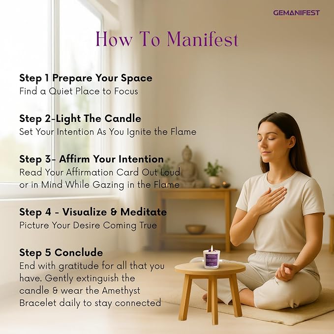 Crown Chakra Meditation Candle with Healing Crystals and Amethyst Bracelet Lavender Candles for Home Relaxing Candles for Women Stress Relief Spiritual Meditation Gifts for Women Men
