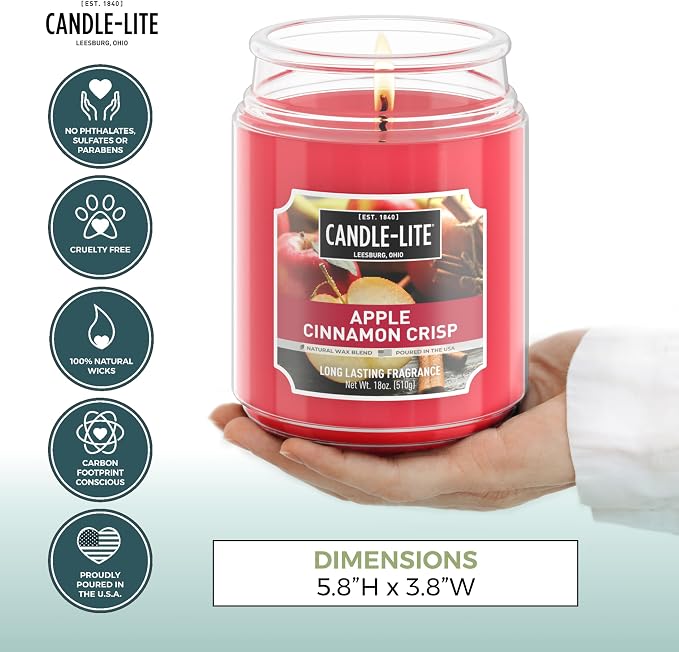 Candle-lite Fall Scented Candles, Apple Cinnamon Crisp, 18 oz Jar, Proudly Poured in The USA, Aromatherapy Candle, Single-Wick with 110 Hours of Burn Time, Perfect for Creating an Inviting Ambiance