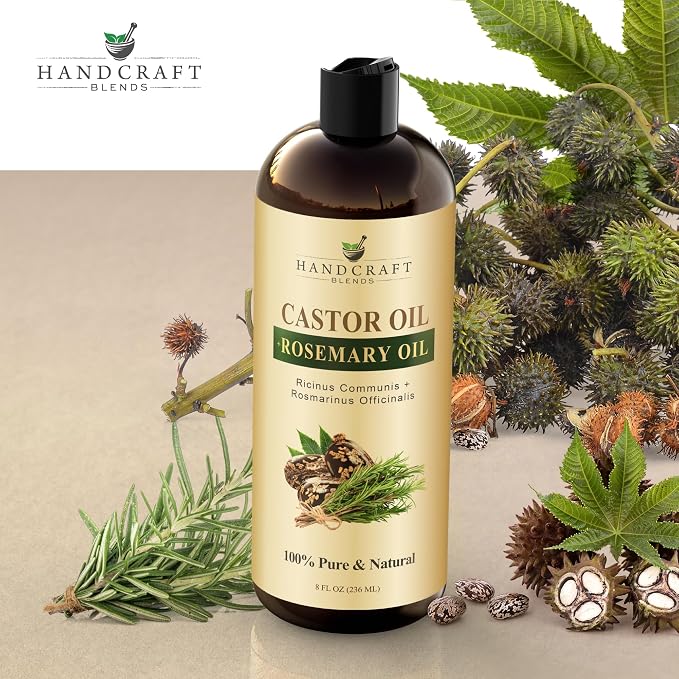 Handcraft Blends Castor Oil with Rosemary Oil 8 Fl Oz | 100% Pure and Natural | Premium Grade Carrier Oil | Hair, Eyelashes and Eyebrows | Hair and Body