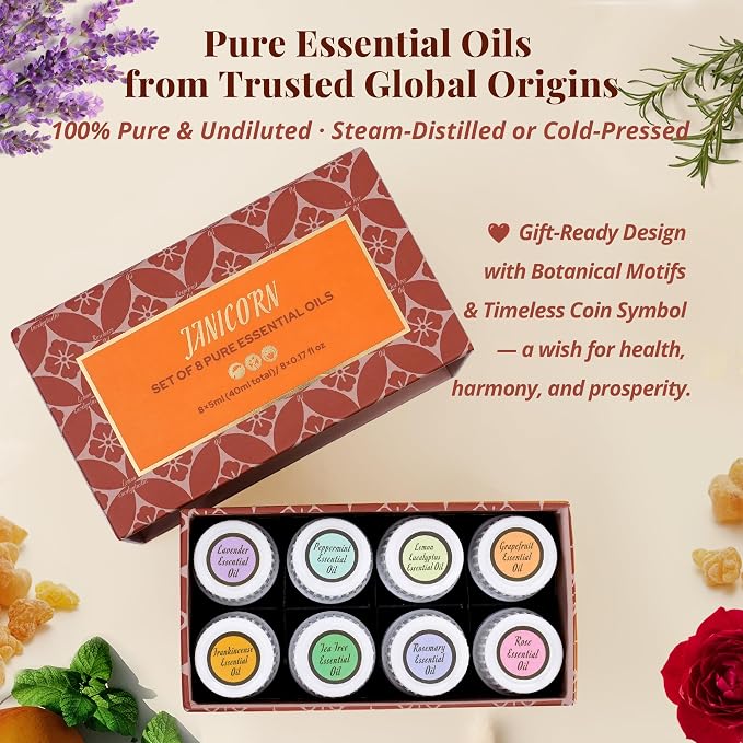 100% Pure Essential Oils 8-Piece Gift Set with Rose, Frankincense and Lavender for Diffuser, Sauna, Meditation, Focus, DIY Skin Care Blends, Soap & Candle Making, 8 x 5 ml
