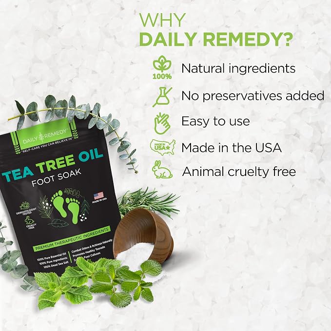 Tea Tree Oil Foot Soak with Epsom Salt - Made in USA - for Toenail irritations, Athletes Foot, Stubborn Foot Odor Scent, Softens Calluses & Soothes Sore Tired Feet - 16 Ounce