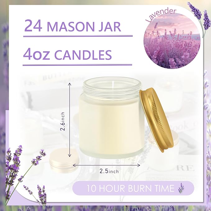 24 Pcs 4 Oz Mason Jar Candles, Lavender Scented Soy Candles Bulk Set for Stress Relief and Relaxation, Great Favors for Wedding, Christmas, Housewarming Gifts (Gold,Frosted Glass, Lavender, 24)