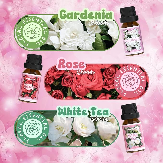 ARVIDSSON Floral Essential Oils Set, Natural Flower Essential Oil Gift for Women - Lavender, Jasmine, Cherry Blossom, Gardenia, White Tea, Rose, 6 x 10 mL
