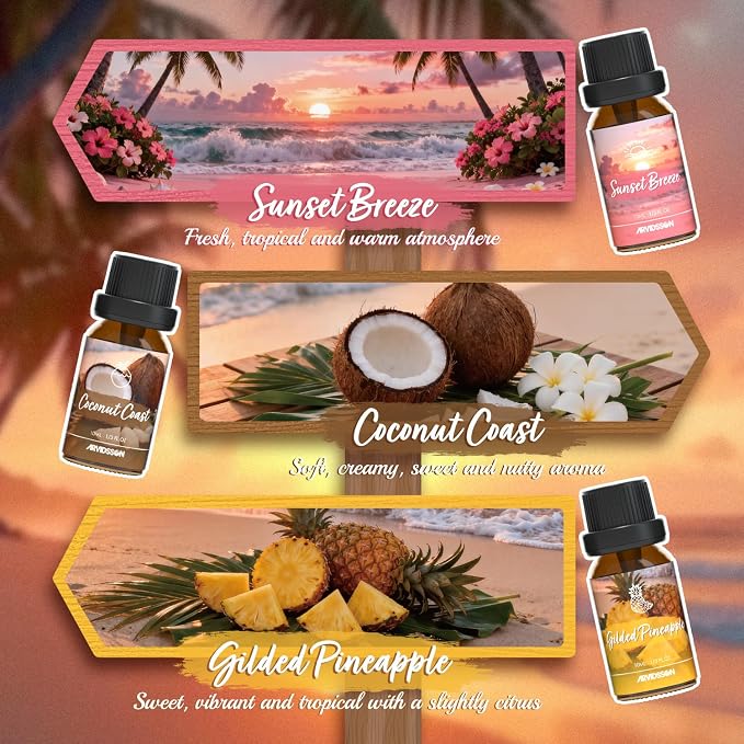 ARVIDSSON Hawaii Fragrance Oil Set, Summer Essential Oils for Diffuser, Tropical Scent Oils - Sunset Breeze, Coconut Coast, Gild Pineapple, Tropical Citrus, Iced Watermelon, Tanderine Mojito