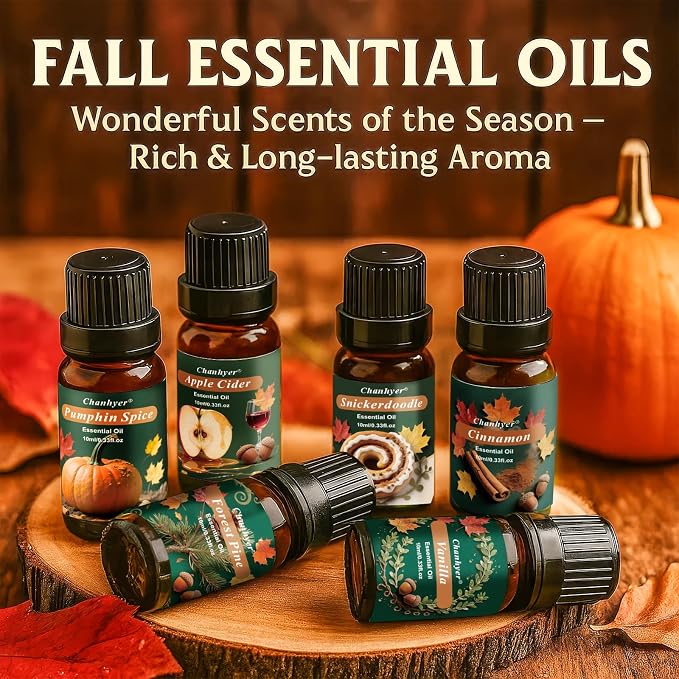 Fall Essential Oils Set 6x10ml-Pumpkin Spice,Apple Cider,Snickerdoodle,Vanilla,Cinnamon,Pine,Autumn Fragrance Oils for Diffuser,Home Scenting and Seasonal Gifts