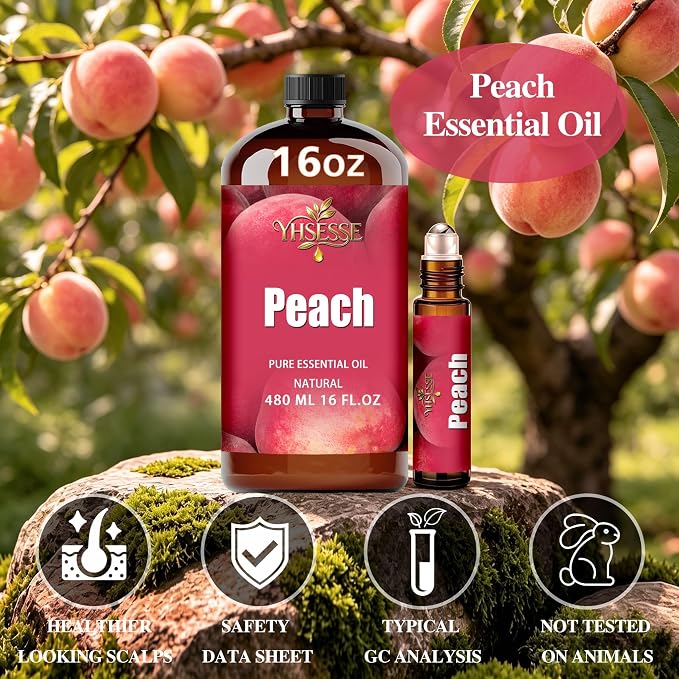 Peach Essential Oil, Peach Oil 16 Fl Oz 480ml for Diffuser Yoga Soap & Candle Making – with 0.33 Oz Roller Ball & Funnel YHSESSE Essential Oils