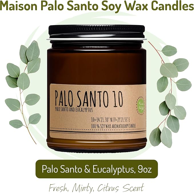 Soy Wax Candle - Palo Santo and Eucalyptus Natural Aromatherapy Smudge Candle, Stress Relief, Chakra Balancing, Meditation, Manifestation and Focus, 9 oz