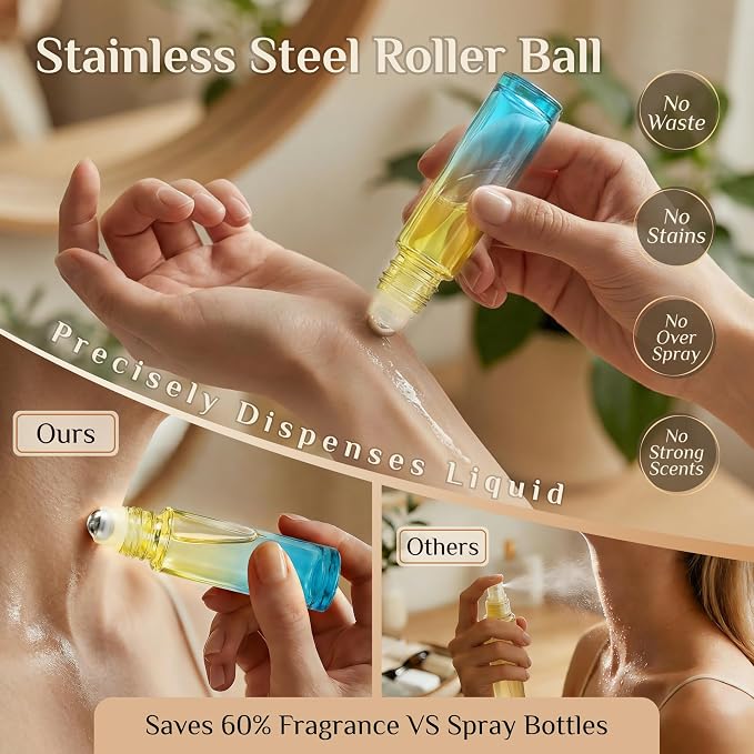 PrettyCare 24 Pack, 10 ml Essential Oil Roller Bottles with Stainless Steel Roller Ball - Refillable Leak-proof Empty Thick Blue& Yellow Glass Roll on Bottles with Golden Caps for Travel, Perfume