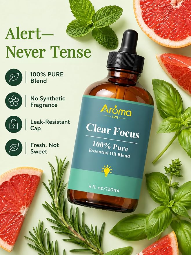 Clear Focus — A 100% Pure Essential Oil Blend, Cool-Citrus Herbal Blend that Keeps The Mood Alert and Focused, Fresh—Never Tense, Essential Oils for Diffusers for Home