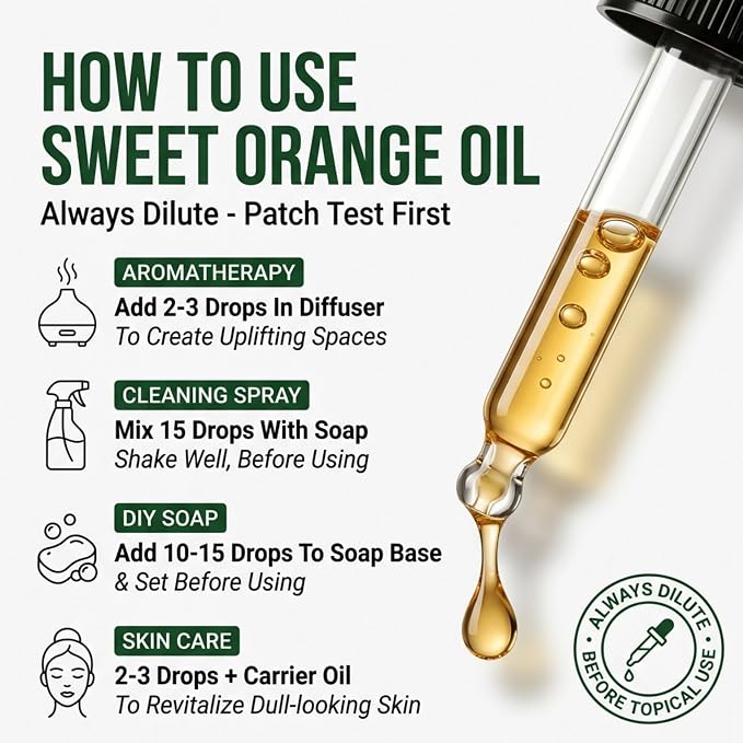 100% Pure Sweet Orange Essential Oil 4 FL OZ – Essential Oil for Citrus Scent, Aromatherapy, Diffuser, Skin, Home Freshener, Therapeutic Grade, Premium Quality with Glass Dropper