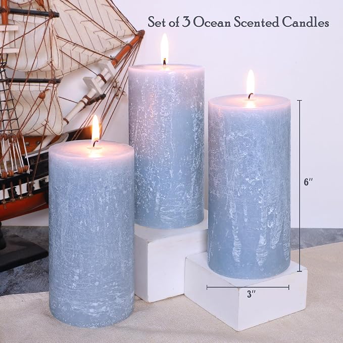 Ocean Scented Candles, Gray Blue Pillar Candles Set of 3 Tall in 3X6 Inch, Long Clean Burning Smokeless & Dripless Aromatherapy Candles for Home Decor