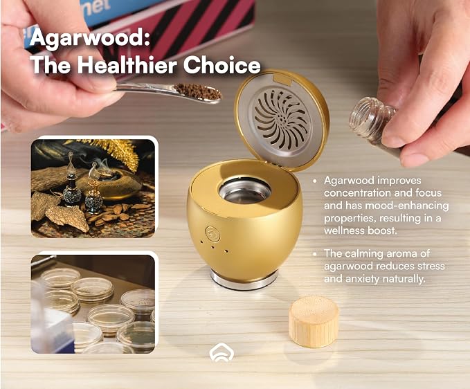Orbby Scent Diffuser Starter Kit | Small Portable Desk Diffuser for Office: Electric Incense Burner, Rechargeable Cordless Pet Safe, Odor Eliminator – Flameless (Gold, Includes Pellets)