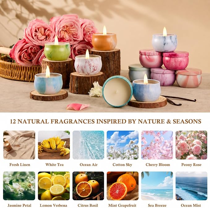 Scented Candles Gift Set for Women, 12 Pack Soy Wax Aromatherapy Candles with Spring Summer Fresh Scents, Up to 300H Total Burn Time, Colorful Portable Tin Candle Gift for Mom, Birthday & Housewarming