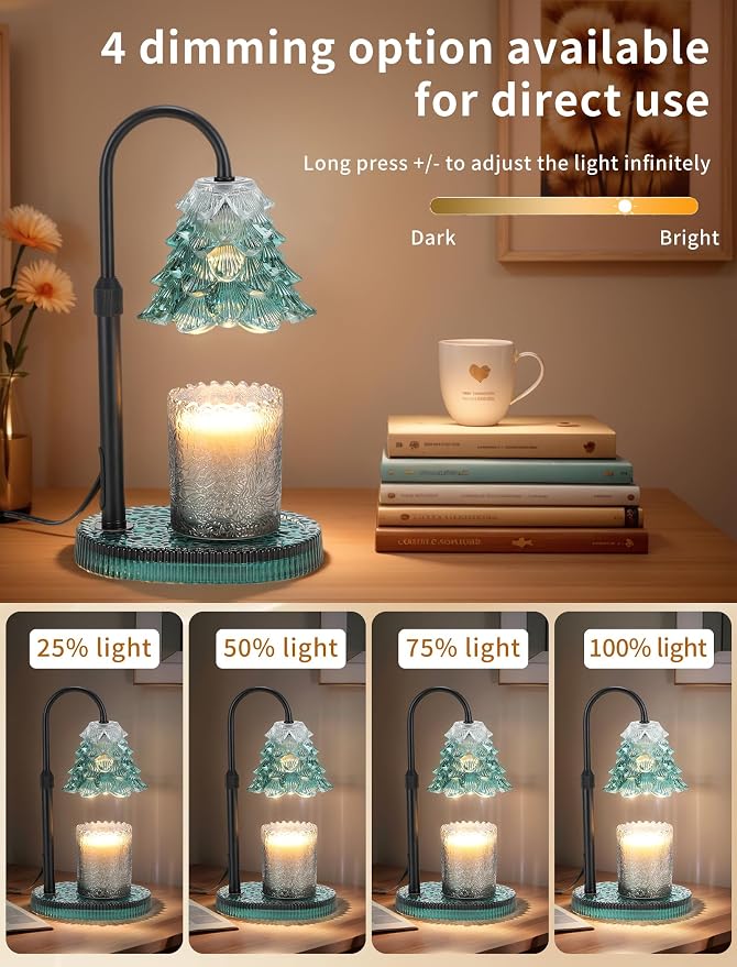 Candle Warmer Lamp with Timer & Dimmer, Crown Glass Lamp Candle Warmer for Jar Candles, 2 Bulbs, Height Adjustable Electric Wax Warmer for Elegant Home Decor (Emerald Pine)