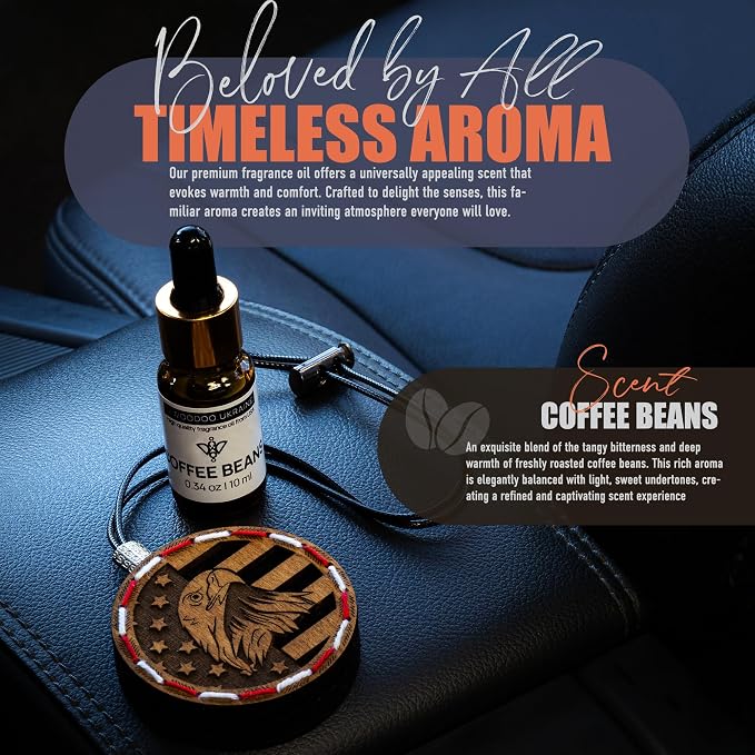 Handmade Wood Car Air Freshener — American Flag Designed Refillable Essential Oil Diffuser — Long Lasting Coffee Beans Fragrance Oil 10 ml — Car Accessories Gift Box