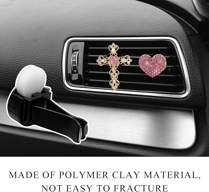 2 PCS Bling Car Vent Clip, Crystal Rhinestone Cross and Heart Car Air Fresheners Vent Clips, Diamond Car Air Conditioner Outlet Decoration Charm for Women, Car Accessories (Pink)