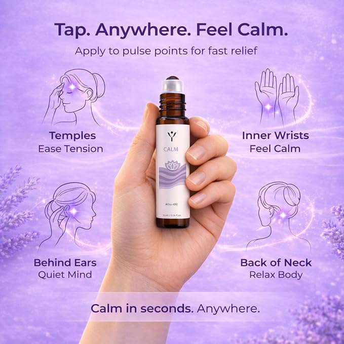 Calm Essential Oil Roll On – Stress Relief Aromatherapy Roller with Lavender, Bergamot & Ylang Ylang – Relax & Unwind Essential Oil Blend – 10 ml