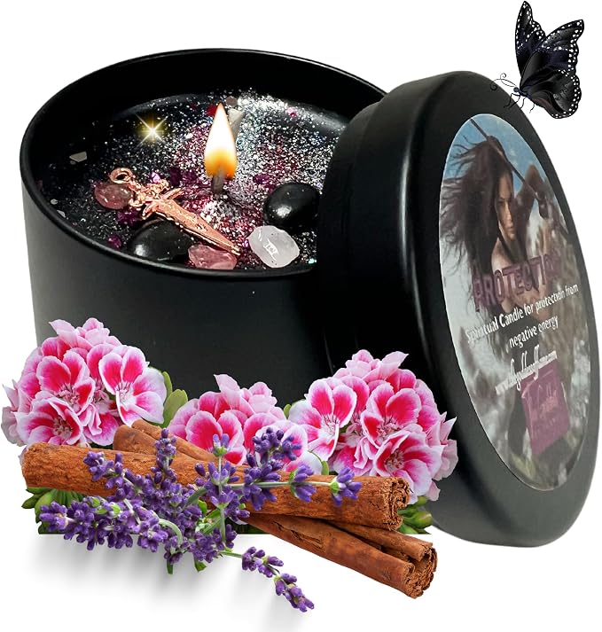 Protection Candle Spiritual Cleansing & Energy Shield | Hand-Poured Soy & Coconut Wax Ritual Candle with Crystals & Herbs | 4oz