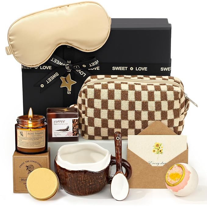 Golray Spa Gift Set for Women, Brown Relaxing Bath Gift with Coconut Mug & Coffee Soap, Women Care Package Get Well Soon Gift, Unique Mothers Day Gifts Idea for Mom Her Friends Sister Wife