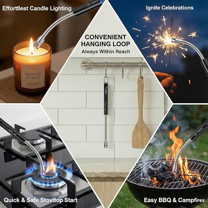Castelar Electric Candle Lighter with Long Flexible Neck, USB Rechargeable Arc Lighter with Safety Lock for Candle, BBQ, Camping, Housewarming, and Birthday Gifts