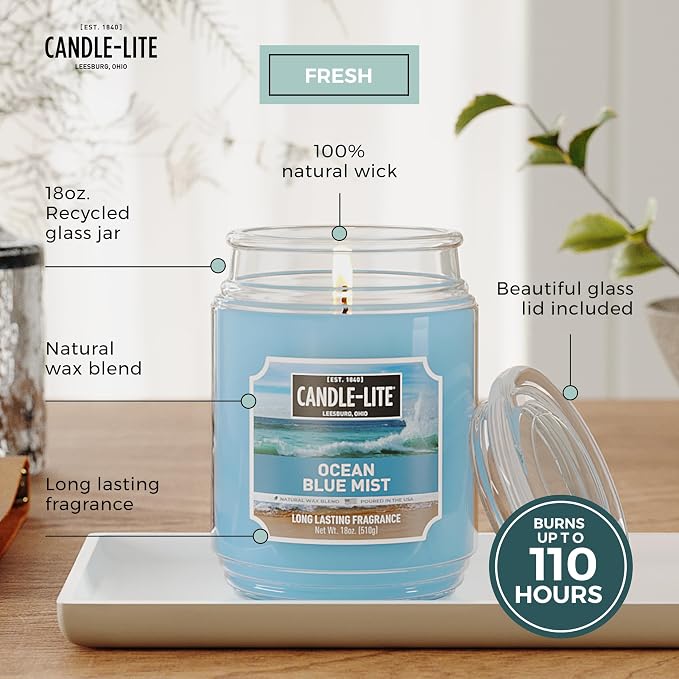 Candle-lite Scented Candles, Ocean Blue Mist, 18 oz Jar, Proudly Poured in The USA, Aromatherapy Candle, Single-Wick with 110 Hours of Burn Time, Perfect for Creating a Relaxing Ambiance