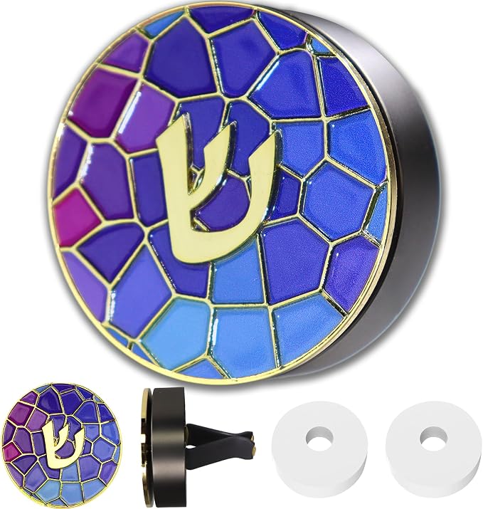 Hebrew Shin Car Vent Clip Air Freshener - Essential Oil Diffuser Refillable with 1 DIY Unscented Pads for Car Jewish Hanukkah Gifts Blue 1.57”