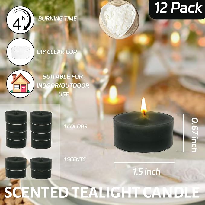 Hand-Poured Black Sandalwood Scented Tea Light Candles 4 Hour Clean Burning Smokeless Round Tealight Candle Clear Cups Perfect for Relaxation Meditation Yoga Bath Stress Relief