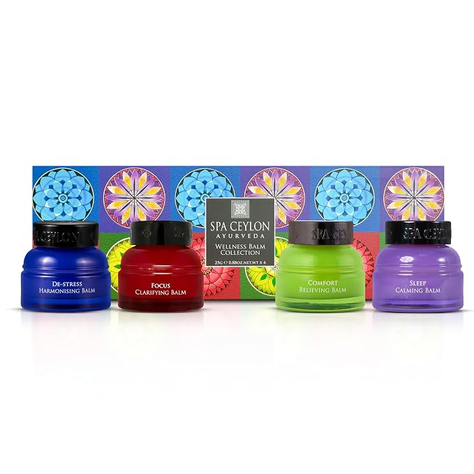 SPA CEYLON Wellness Balm Set – 4-Piece Natural Ayurveda Aromatherapy Balm Collection – De-Stress, Sleep, Comfort & Focus Balms with Essential Oils & Virgin Coconut – 4 x 25g