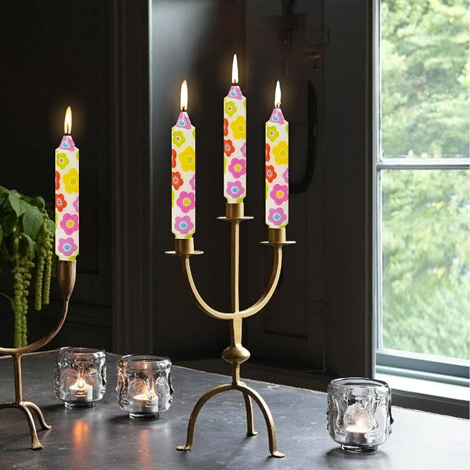 7 inch Short Candle Floral Candle Sticks Printed Candlestick Handmade Unscented Taper Candle 4 Pack Colorful Flower Tapered Candles for Home Dinner Wedding Holiday